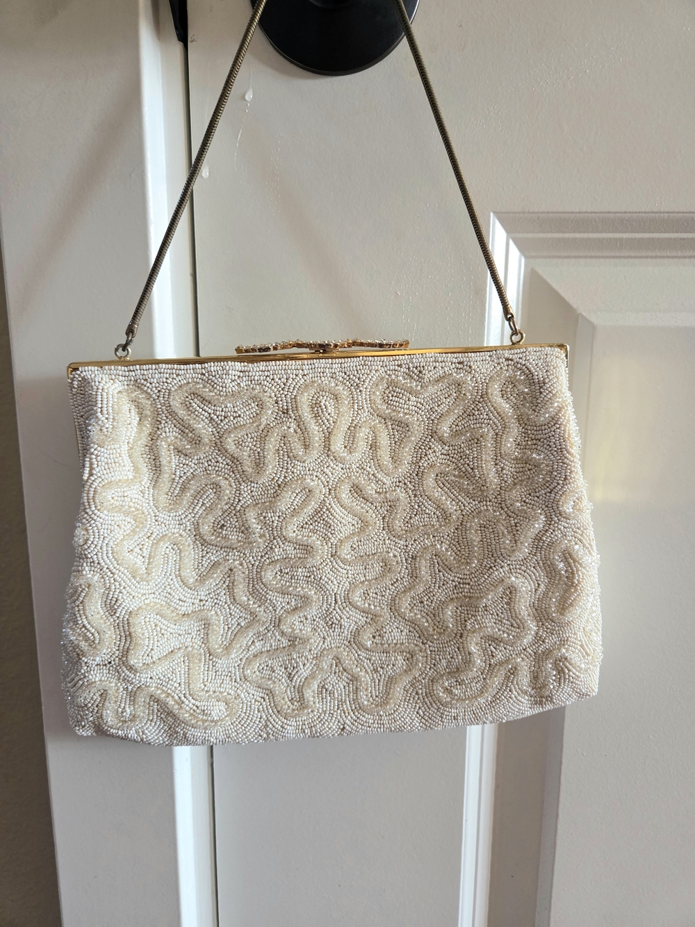 VINTAGE Cream Beaded Evening Clutch with Gold-Tone Frame